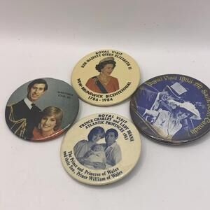 VTG  Queen Elizabeth II Charles Diana 4 Button Pin Set Royal Visits Canada 1980s